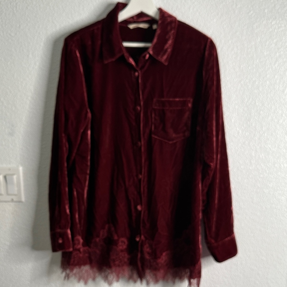 J Jill burgundy Velvet Button-Up Shirt with Lace hem size L whimsigoth